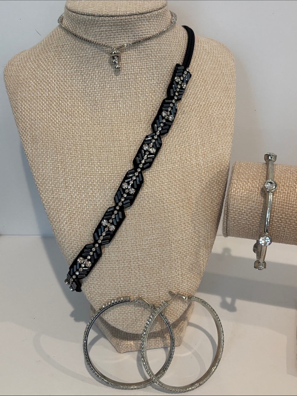 4pc Sparkly Fashion Jewelry Lot | Rhinestone Headband, Bangle, Hoop Choker Set